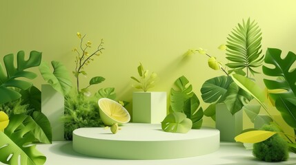 A vibrant display of tropical leaves and a halved citrus fruit arranged on a minimalist podium. The green tones create a fresh, natural atmosphere, ideal for eco-friendly or wellness-themed designs.