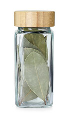 Wall Mural - Dry bay leaves in glass jar isolated on white