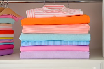 A neatly folded stack of colorful shirts on a shelf in a closet.