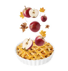 Canvas Print - Autumn leaves and apples in air over fall cake on white background