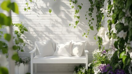 Aufkleber - A white wooden bench with soft, plush pillows sits amidst vibrant green foliage and blooming flowers in a bright indoor garden