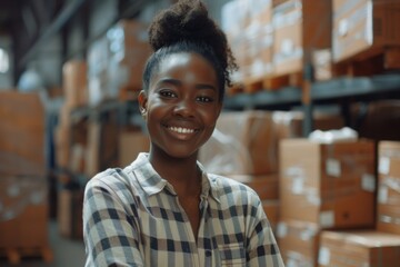 Happy young black female Handling shipping and logistics in startup company office