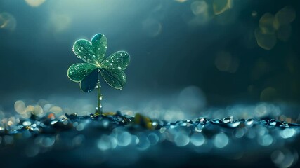 Wall Mural - A single four-leaf clover with dew drops, against a bokeh light background, symbolizing luck.