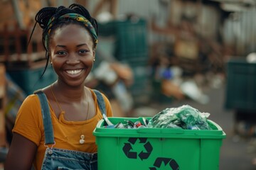 Portrait of a smiling young black female volunteer holding green recycling box with recycle symbol