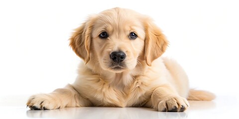 Golden retriever puppy sitting alone on white background