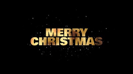 Wall Mural - Merry Christmas gold greeting text animation on black background, alpha channel, vibrant fireworks decorations, sparkling glitter effects festive postcard, joyful celebration theme. Copy space.