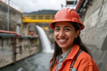 Portrait of a smiling young hispanic male engineer at hydroelectric plant