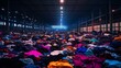 © Elmira - The vast interior of a deserted warehouse is cluttered with a haphazard collection of discarded garments. Dim lighting accentuates the overwhelming scale of textile waste