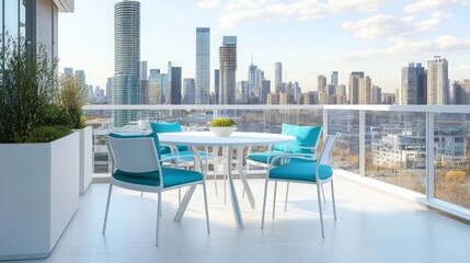 Poster - A stylish balcony features a white round table surrounded by four turquoise chairs, set against a stunning urban skyline. The bright view showcases skyscrapers against a clear blue sky.