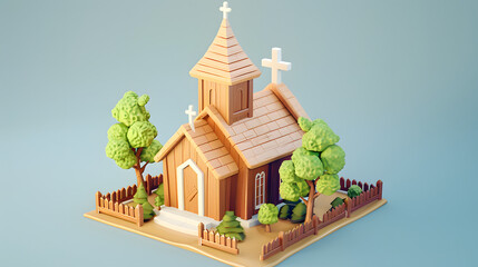 Sticker - Chapel isometric wooden village building 3D