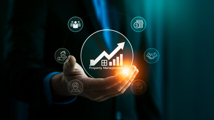 Property management and real estate investment and financial growth. Businessman using digital technology and online tools for real estate analysis, Profitable real estate investment strategies