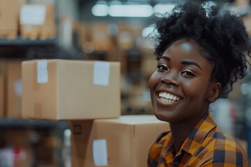 Happy young black female Handling shipping and logistics in startup company office