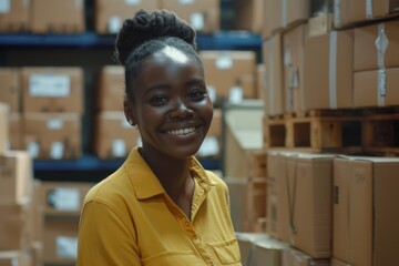 Happy young black female Handling shipping and logistics in startup company office