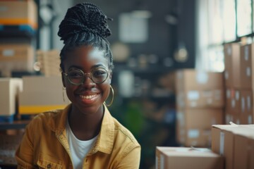 Happy young black female Handling shipping and logistics in startup company office