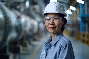 Portrait of a smiling middle aged female engineer at hydroelectric plant