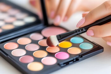 Wall Mural - Close up shot of a professional makeup skillfully applying a vibrant eyeshadow palette using a makeup brush in a beautifully lit studio setting