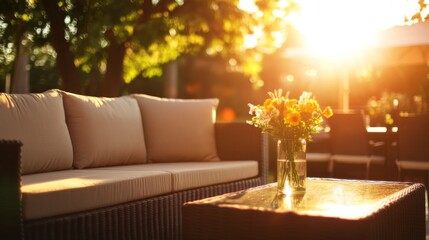 Wall Mural - A wicker sofa adorned with soft cream cushions invites relaxation on a patio, complemented by a small glass-topped table with a vibrant flower vase