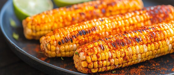 Grilled corn on the cob with chili powder and lime, served at a festive Mexican street fair, vibrant colors