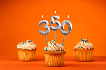 Poster - Candle number 350 - Celebration with birthday cupcake on orange background