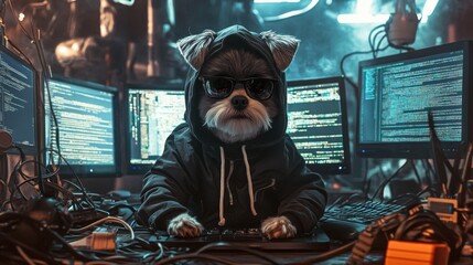 Leinwandbilder - A small dog dressed in a hoodie and sunglasses is intently typing on a keyboard surrounded by four computer monitors displaying lines of code. The atmosphere is techy and atmospheric.