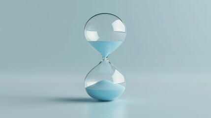 Hourglass with blue sand on a soft blue background, symbolizing the passage of time and life s fleeting moments, emphasizing the importance of time management and reflection