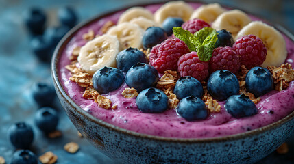 delicious purple acai bowl with banana, blueberries, raspberries, and granola  -  healthy breakfast smoothie bowl  -  close up  -  foodie photography