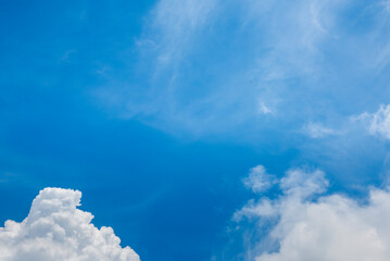 Blue sky fluffy white clouds on summer season bright clear skyline with beautiful cloudscape. Panorama blue sky clouds pattern on daylight with copy space. Cumulus cloudscape air climate sunny day