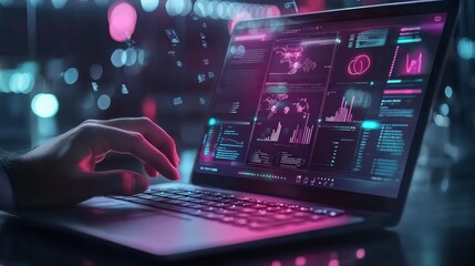 A hand interacts with a laptop screen showing data visualization and infographics on a dark background with city lights in the distance.