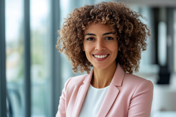 Portrait of a smiling young businesswoman with curly hair in a pink blazer, professional headshot with copy space