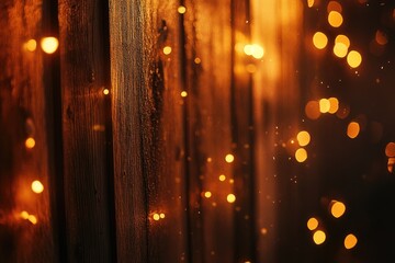 Wall Mural - A warm, glowing backdrop with enchanting bokeh lights illuminating a rustic wooden surface, ideal for cozy and festive themes.