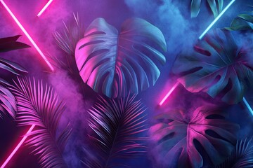 Wall Mural - vibrant leaves illuminated with neon lights create a stunning tropical atmosphere, perfect for moder