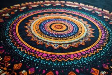 Wall Mural - Vibrant mandala pattern with intricate details, featuring bold colors and captivating circular designs on a textured surface.