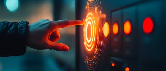 A close-up of a hand interacting with a futuristic control panel featuring glowing buttons and digital displays.