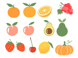 Poster - Orange, grape, peach, avocado, strawberry, cherry, lemon and pumpkin isolated on white background vector.