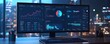 © Ytnart - A modern workspace featuring a large monitor displaying detailed data analytics and graphs at night.