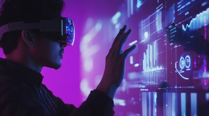 A man wearing VR headset interacts with a digital interface, surrounded by glowing data visualizations.