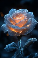 Wall Mural - A single white rose with glowing orange center, frosted with ice.