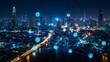 © Arifin Studio - A panoramic aerial view of a cityscape at night, illuminated by streetlights and buildings, with a network of connected icons representing the internet of things (IoT) and smart city technology.
