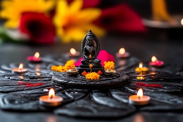 Leinwandbilder - Minimalist Dussehra puja scene, with a simple deity figure surrounded by offerings and candles in a clean, elegant style