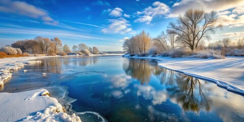 Icy river in winter with frozen surface , winter, nature, cold, frozen, landscape, blue, snow, water, frost