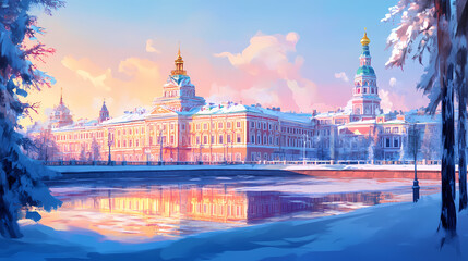 A vibrant depiction of russian culture blending both traditional and contemporary elements. Russian Winter Palace. Illustration