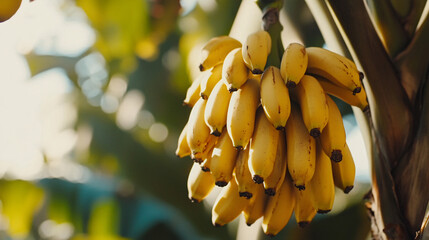 closeup of a bunch of ripe yellow bananas hanging from a tropical tree in the sunlight.