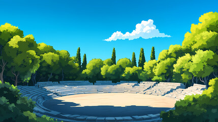 Wall Mural - Ancient greek amphitheater surrounded by lush green trees under a clear blue sky with a single white cloud. Greek Amphitheater. Illustration