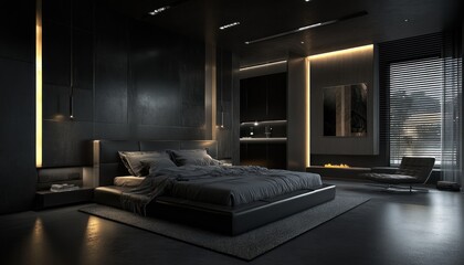 Wall Mural - A sleek, dark minimalistic bedroom with LED lighting and smart technology 3. Generative AI