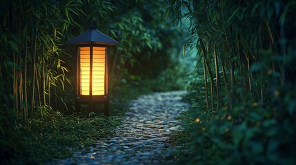 Wall Mural - a glowing lantern illuminates a stone pathway through a dense bamboo forest.