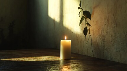 Wall Mural - A lit candle sits on a rustic wooden table, casting warm light against a textured wall.