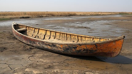 An abandoned traditional Mashoof canoe lies on the cracked earth in southern Iraq, a stark reminder of the harsh summer drought in the marshlands.