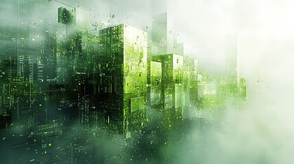An abstract background with modern technology elements, dominated by green and white colors.