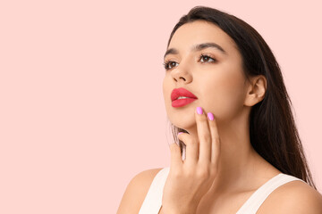 Sticker - Beautiful young woman with stylish makeup on pink background