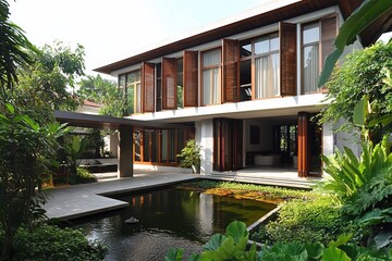 Modern house with a pond and lush garden in front.